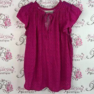 LOFT top shirt floral flowers tie up ribbon Magenta Blouse with Keyhole Tie